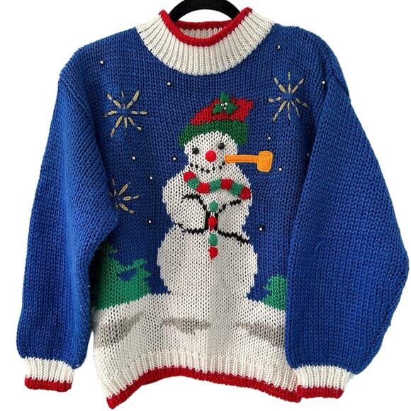 Ugly Christmas Sweater Snowman Blue White Handmade Holiday Knit Crochet Large - Picture 1 of 9
